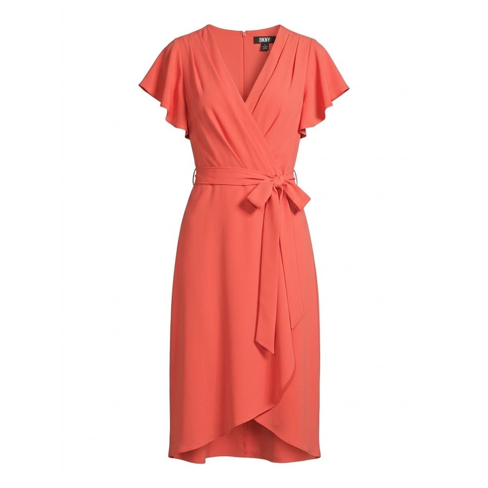 DKNY Faux Wrap Dress Womens 18W Pink Ruffle Hem Flutter Sleeve PD2D1305